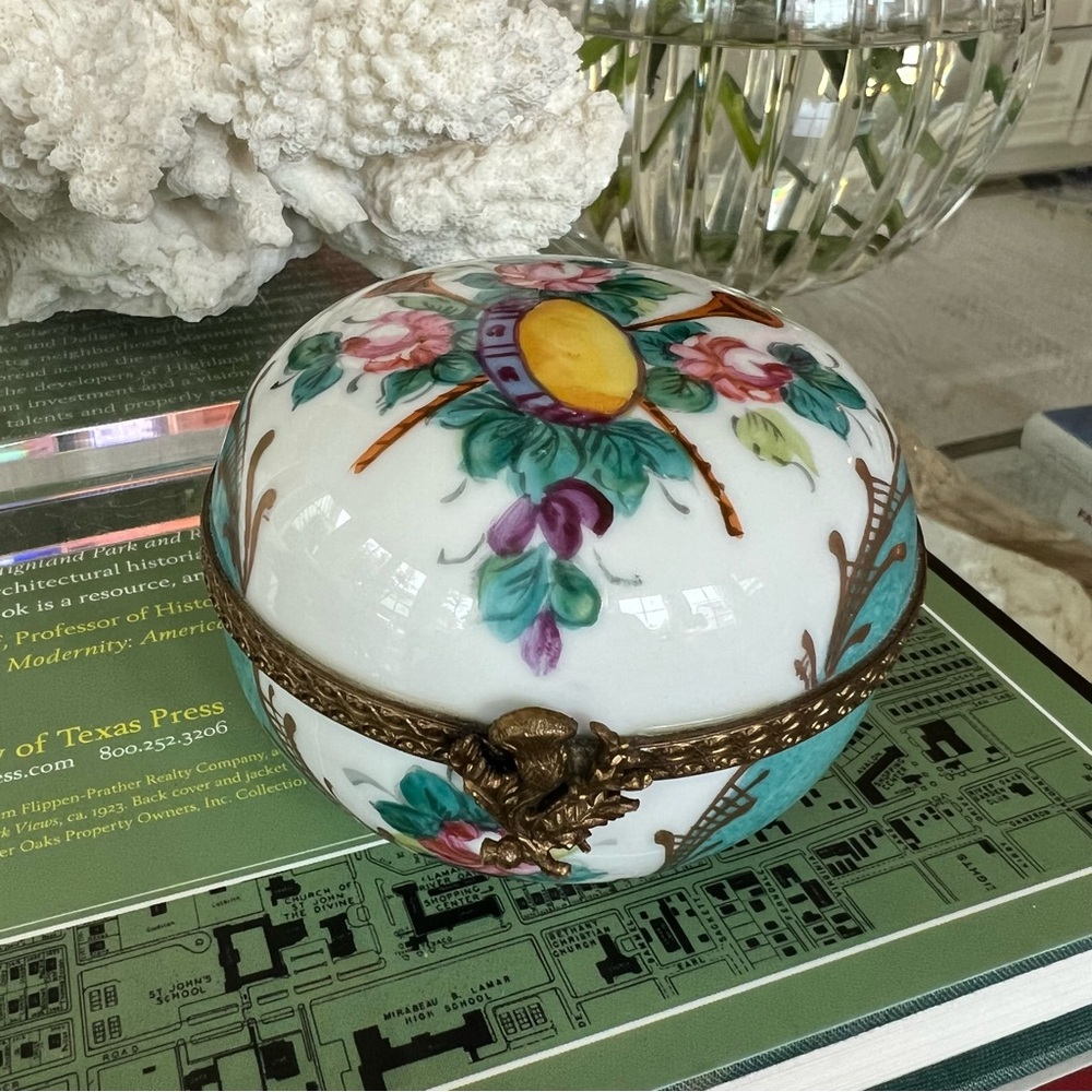Limoges French Porcelain Round Trinket Box with Trumpets